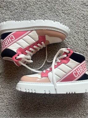 NWT Christian Dior Women’s Pink & White High-Top Sneakers with Contrast Panels